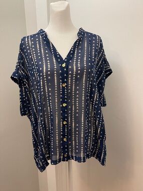 a.n.a Navy Sheer Triangle-Print Button Blouse